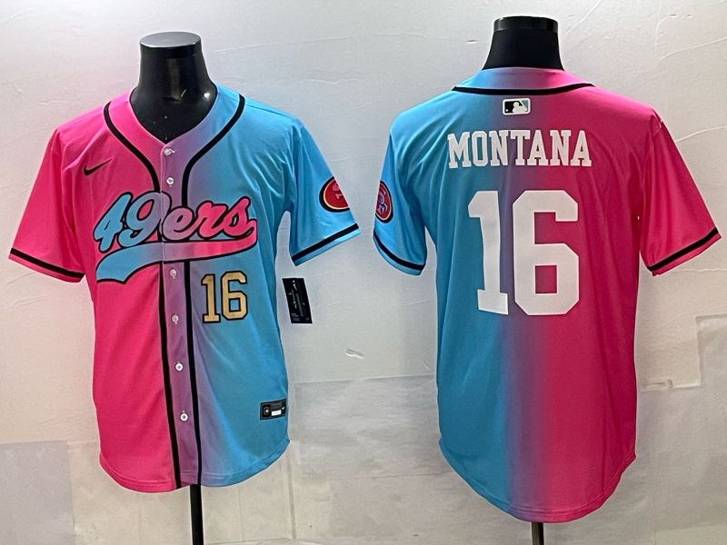 Men 2025 San Francisco 49ers 16 Montana Pink Blue Nike Limited NFL Jersey 05